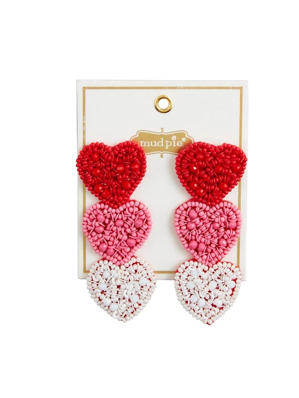 Mud Pie Red Pink White Triple Heart Bead Drop Earrings